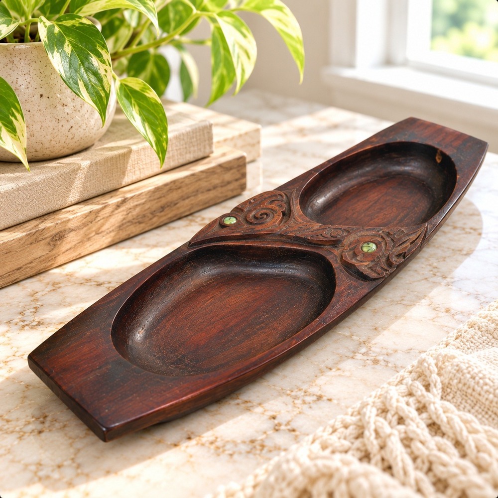 Vintage New Zealand Māori Carved Wood Tray with Pāua Shell Inlay